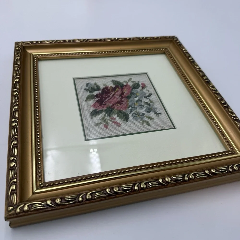 Lot 2 Floral Needlepoint Gold Matte Frame Cross Stitch Pair Hanging Cottagecore